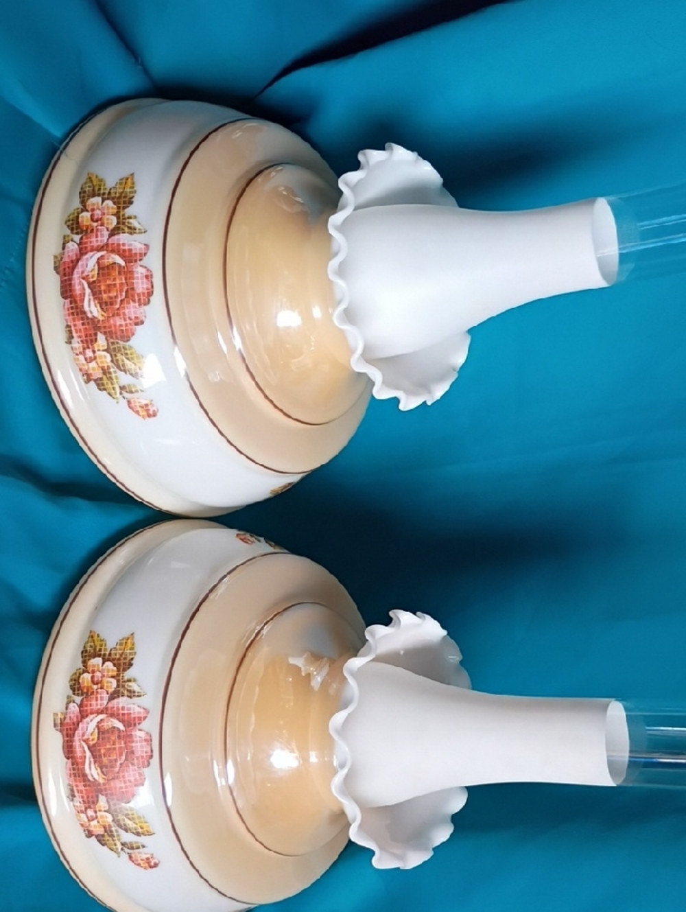 Vintage Pair Floral Gone With The Wind Style Shade - Oil Lamp